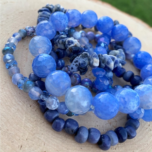Natural Blue Agate & Kyanite Gemstone Mixed Smooth Round Bead Bracelet Stack - Picture 7 of 12